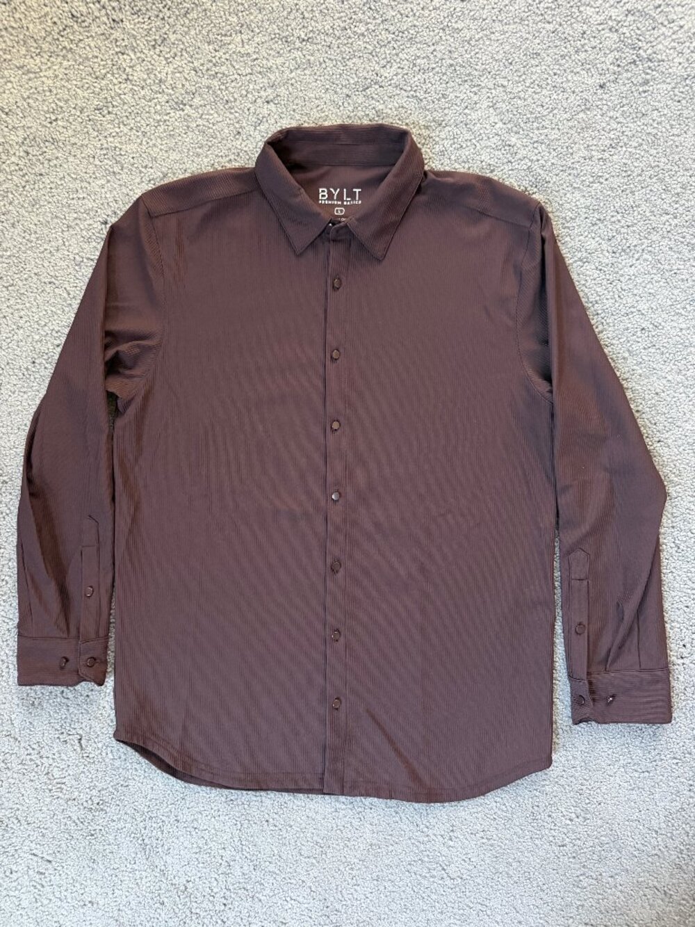 BYLT Basics Ribbed+ Long Sleeve Button Down Shirt in Rich Brown Mens Large  NWOT
